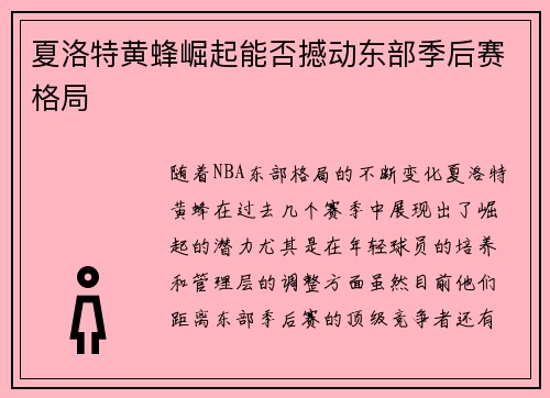 夏洛特黄蜂崛起能否撼动东部季后赛格局
