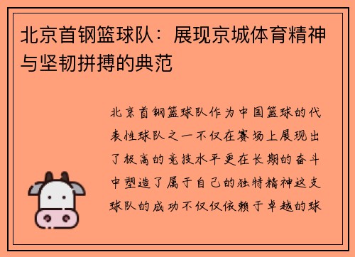 北京首钢篮球队：展现京城体育精神与坚韧拼搏的典范