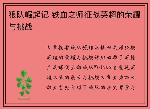 狼队崛起记 铁血之师征战英超的荣耀与挑战